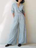 Women's Minimalist Cotton-Linen Jumpsuit — Blue & White Striped, V-Neck, Waist-Defined, Mid-Length Sleeves, Wide-Leg MDZ2291E0ZJW
