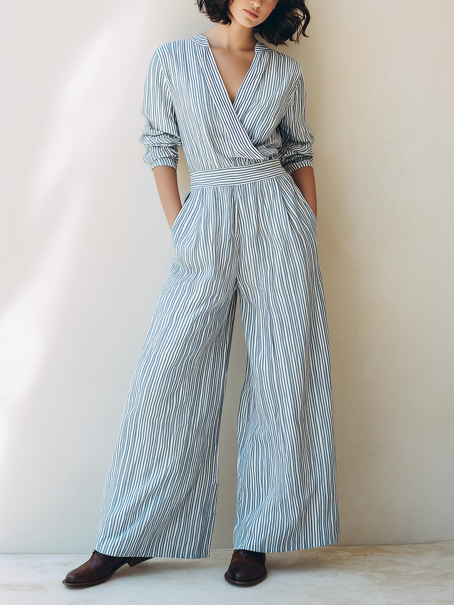 Women's Minimalist Cotton-Linen Jumpsuit — Blue & White Striped, V-Neck, Waist-Defined, Mid-Length Sleeves, Wide-Leg MDZ2291E0ZJW