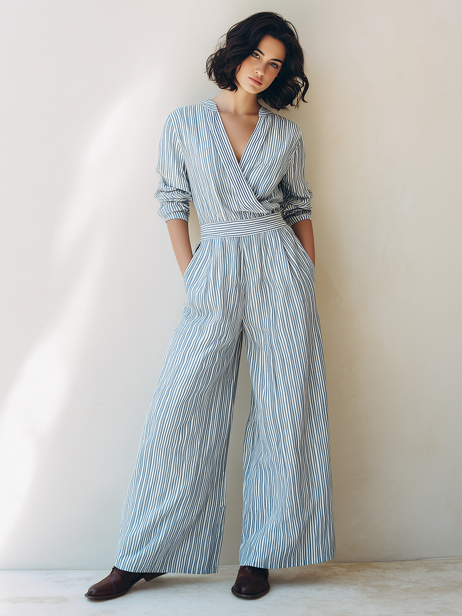 Women's Minimalist Cotton-Linen Jumpsuit — Blue & White Striped, V-Neck, Waist-Defined, Mid-Length Sleeves, Wide-Leg MDZ2291E0ZJW
