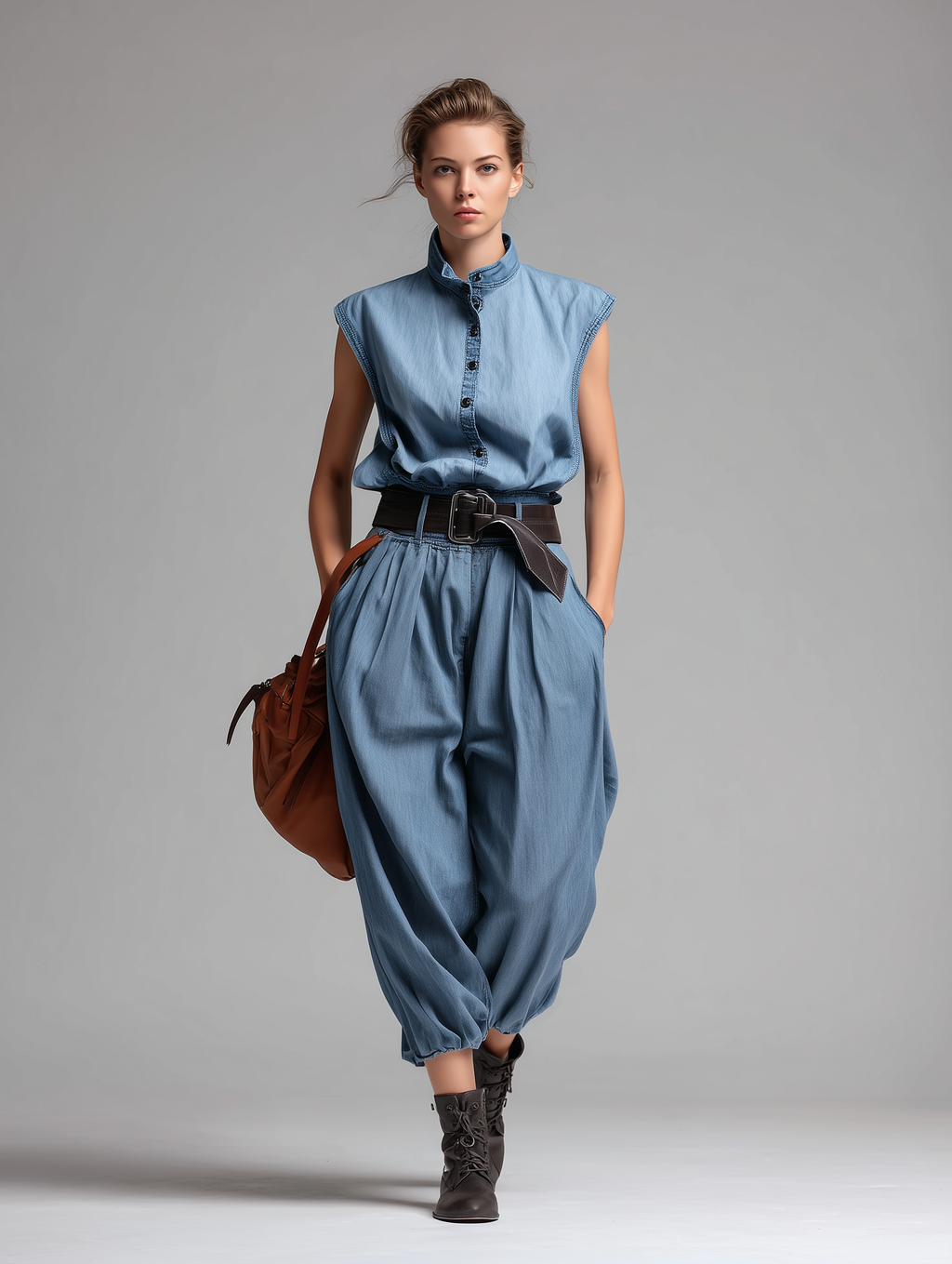 Women's Minimalist Commuter-Style Denim Jumpsuit — Sleeveless, Stand Collar, And Balloon Pants MDZ2612E8ZJW