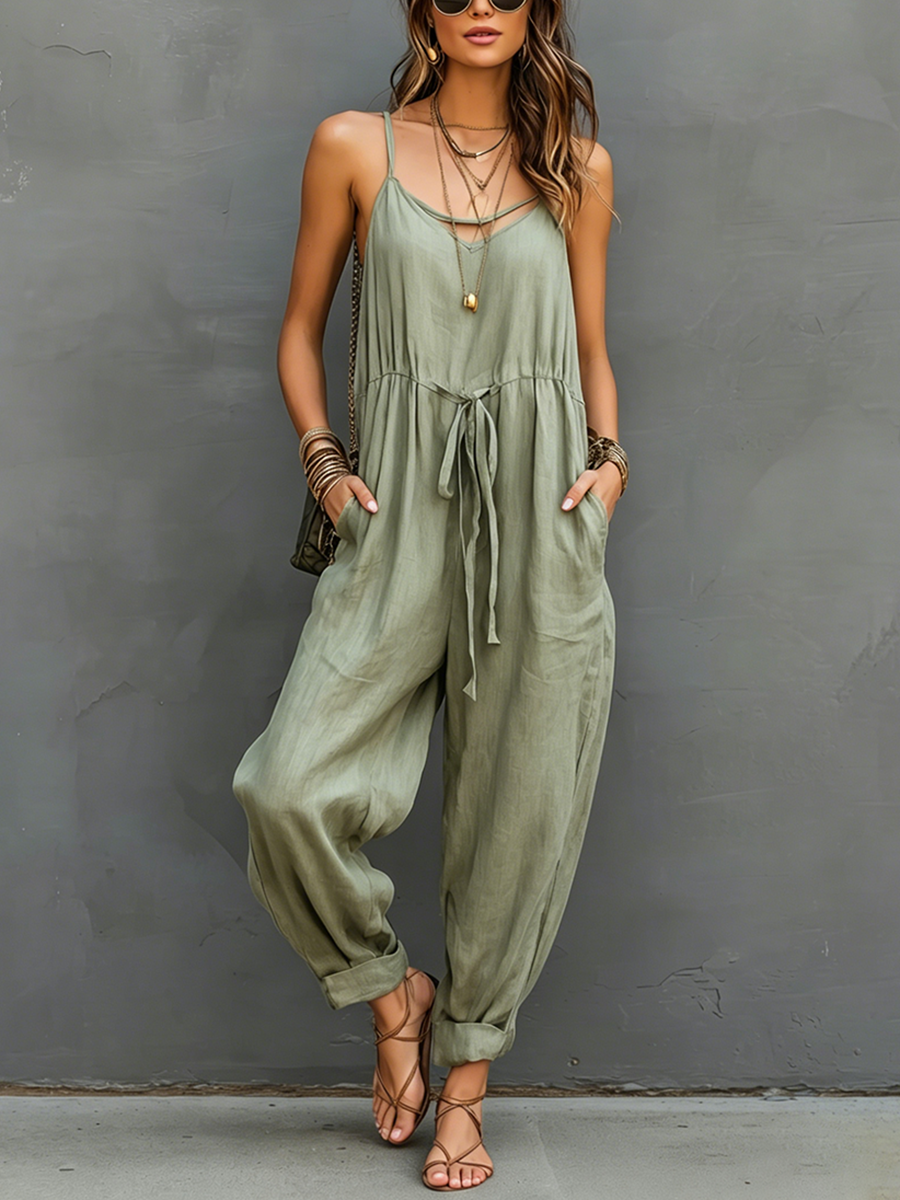 Women's Cotton-Linen V-Neck Sleeveless Jumpsuit With Spaghetti Straps MDZ2947E9ZJW