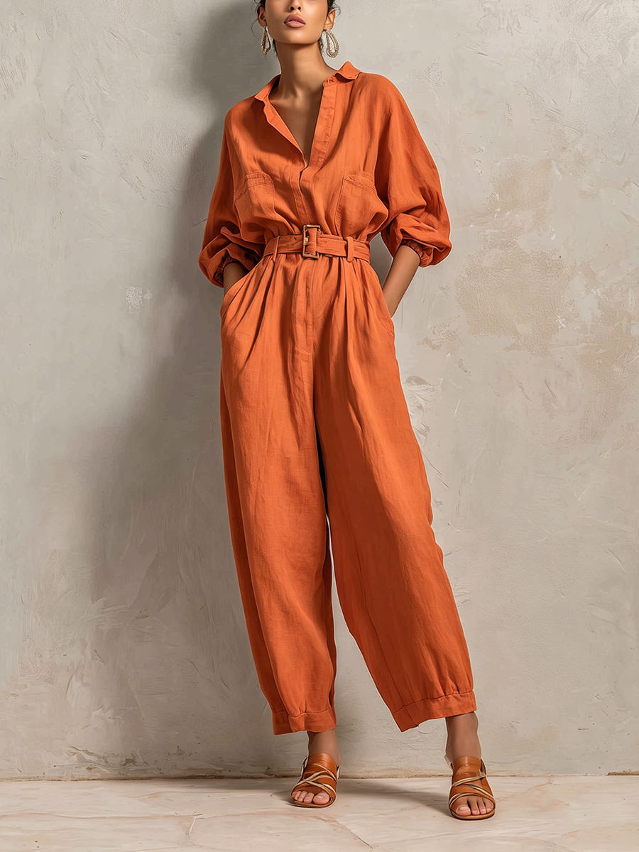 Women's Minimalist Cotton-Linen Jumpsuit With Belt — Wide-Leg Trousers And Mid-Length Sleeves MDZ2965E9ZJW