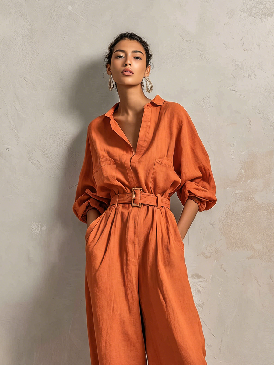 Women's Minimalist Cotton-Linen Jumpsuit With Belt — Wide-Leg Trousers And Mid-Length Sleeves MDZ2965E9ZJW