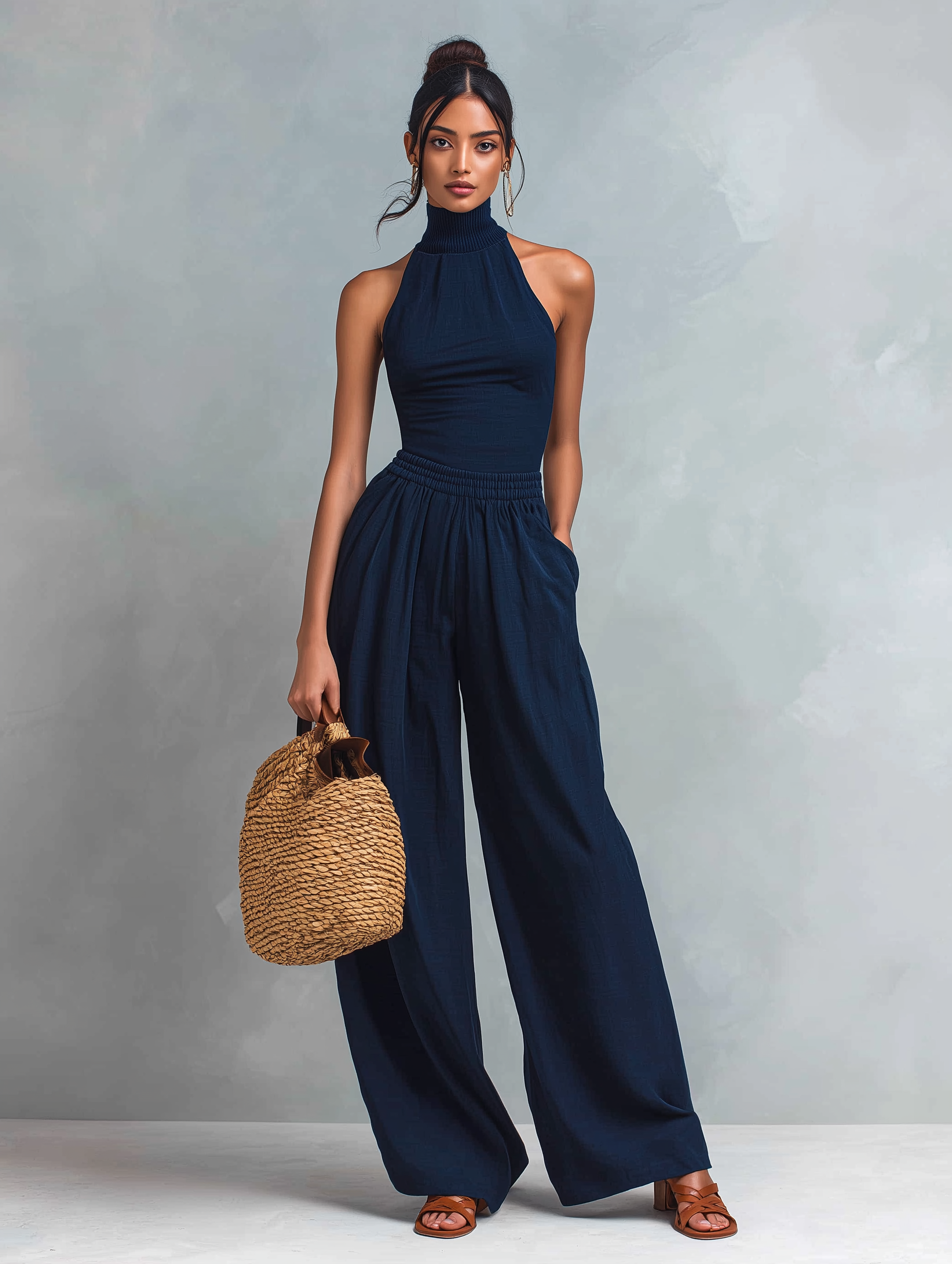 Women's Cotton-Blend Sleeveless High-Neck Slim-Fit Wide-Leg Jumpsuit In Dark Blue MDZ0270F1ZJW