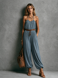 Women's Bohemian Vacation Style Dusty Blue Cotton Blend Crinkled Ruched Spaghetti Strap Cuffed Ankle Full Length Jumpsuit (Belt Not Included) MDZ0271F1GMJ