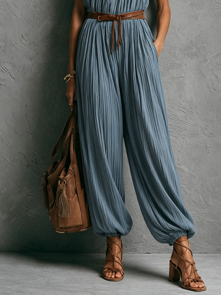 Women's Bohemian Vacation Style Dusty Blue Cotton Blend Crinkled Ruched Spaghetti Strap Cuffed Ankle Full Length Jumpsuit (Belt Not Included) MDZ0271F1GMJ