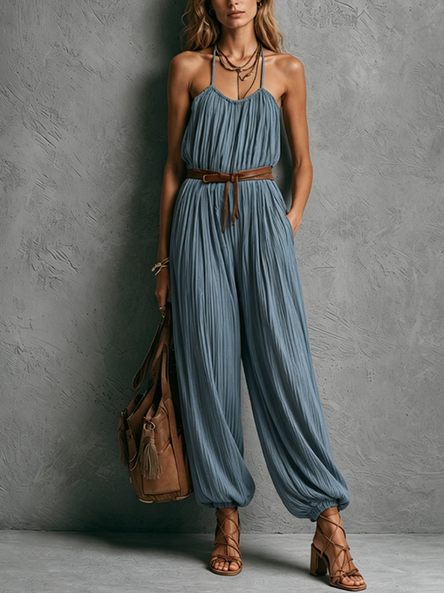 Women's Bohemian Vacation Style Dusty Blue Cotton Blend Crinkled Ruched Spaghetti Strap Cuffed Ankle Full Length Jumpsuit (Belt Not Included) MDZ0271F1GMJ