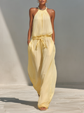 Women's Pale Yellow Chiffon Jumpsuit With Halter Neck & Drawstring Waist, Minimalist Casual Beach Jumpsuit MDZ0554F2LYL
