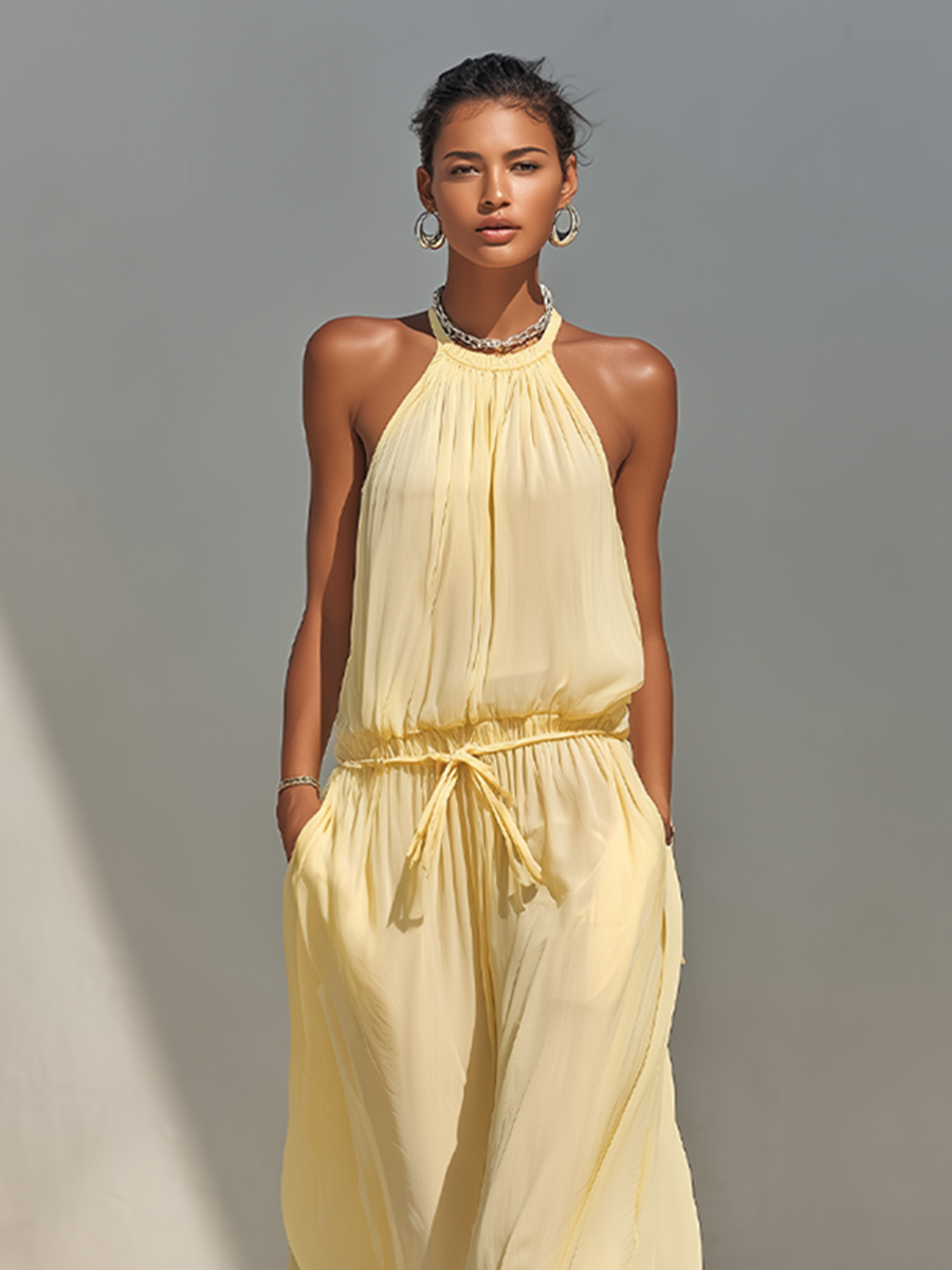 Women's Pale Yellow Chiffon Jumpsuit With Halter Neck & Drawstring Waist, Minimalist Casual Beach Jumpsuit MDZ0554F2LYL