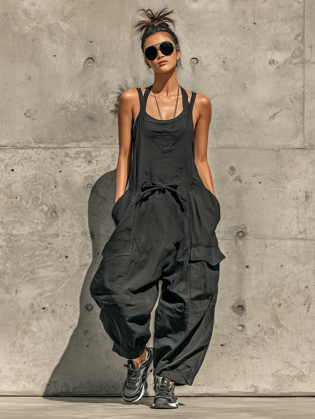 Women’s Black Linen-Blend Sling Drawstring Waist Cargo Pocket Baggy Harem Overalls Jumpsuit MDZ0562F1T
