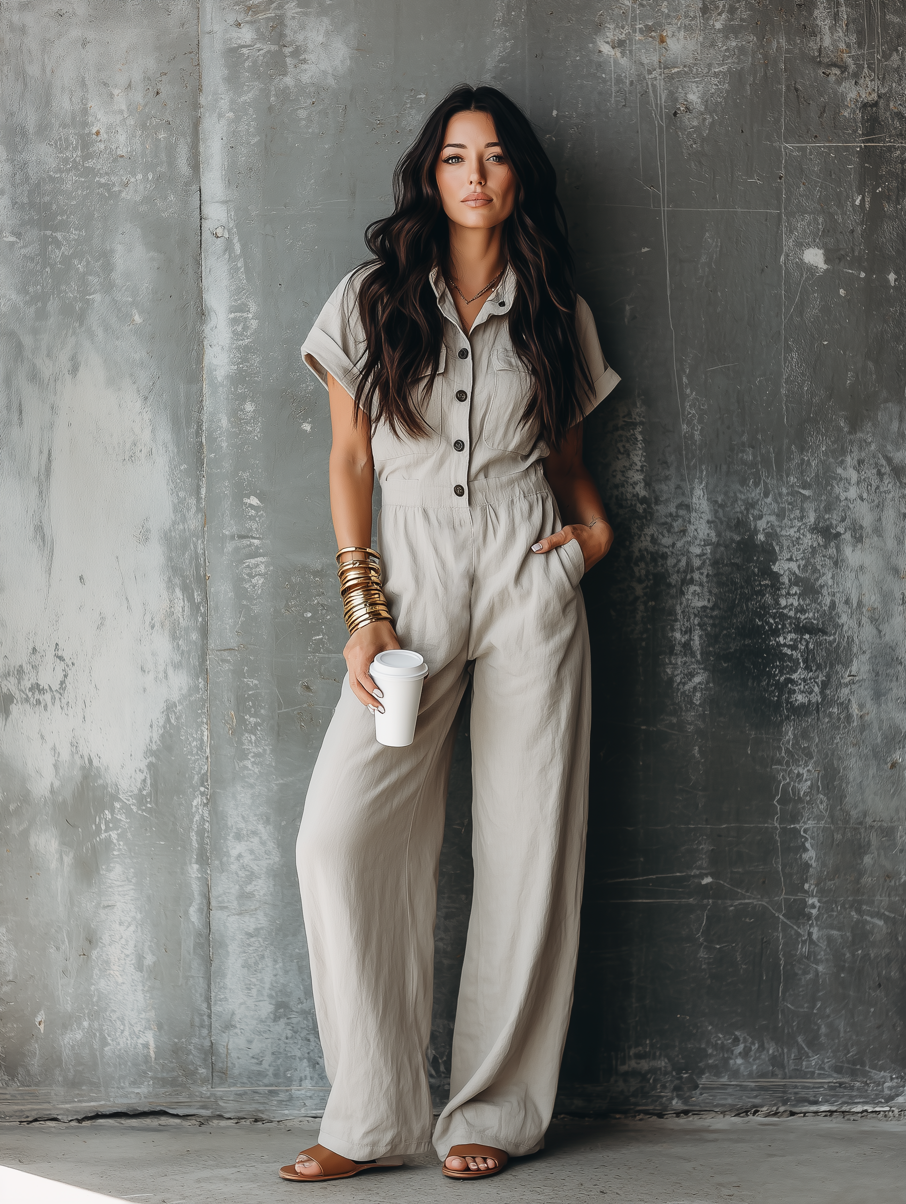 Women’s Light Grey Linen Blend Collared Short Sleeve Button Front Elastic Waist Wide Leg Utility Jumpsuit With Side Pockets MDZ0547F0T