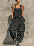 Women’s Black Linen-Blend Sling Drawstring Waist Cargo Pocket Baggy Harem Overalls Jumpsuit MDZ0562F1T