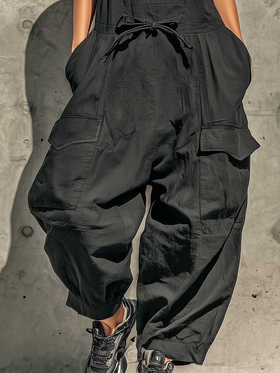 Women’s Black Linen-Blend Sling Drawstring Waist Cargo Pocket Baggy Harem Overalls Jumpsuit MDZ0562F1T