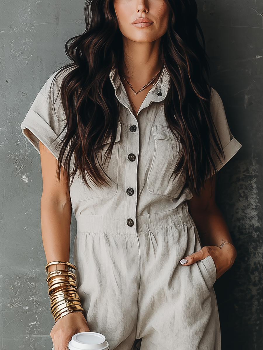 Women’s Light Grey Linen Blend Collared Short Sleeve Button Front Elastic Waist Wide Leg Utility Jumpsuit With Side Pockets MDZ0547F0T