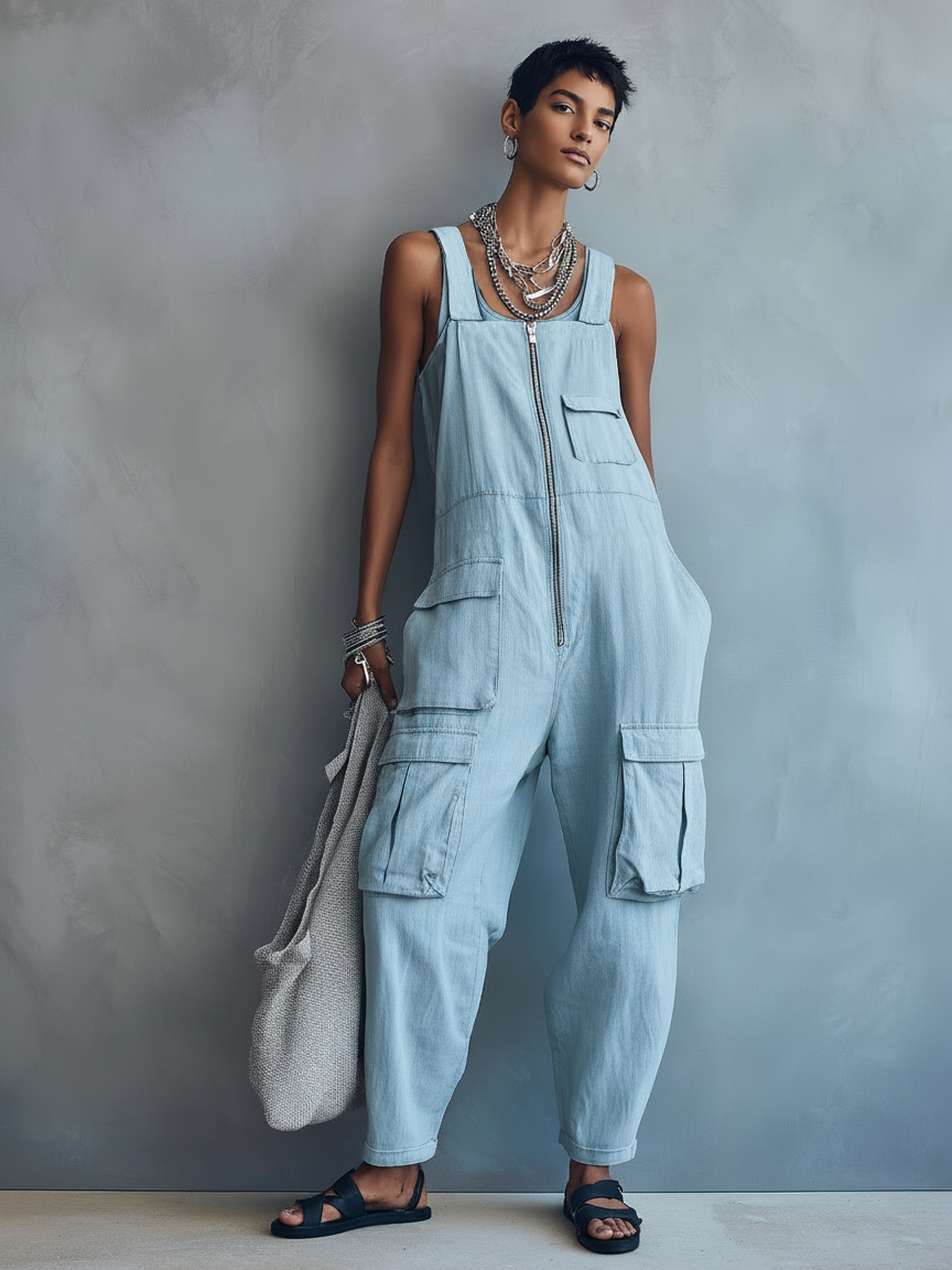 Women's Loose Casual Multi-Pocket Zipper Overalls MDZ0551F7WY