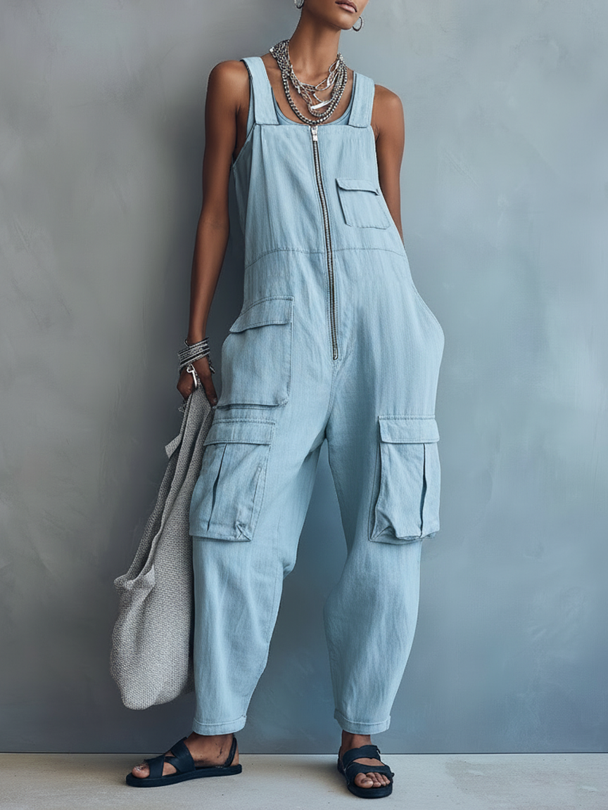 Women's Loose Casual Multi-Pocket Zipper Overalls MDZ0551F7WY