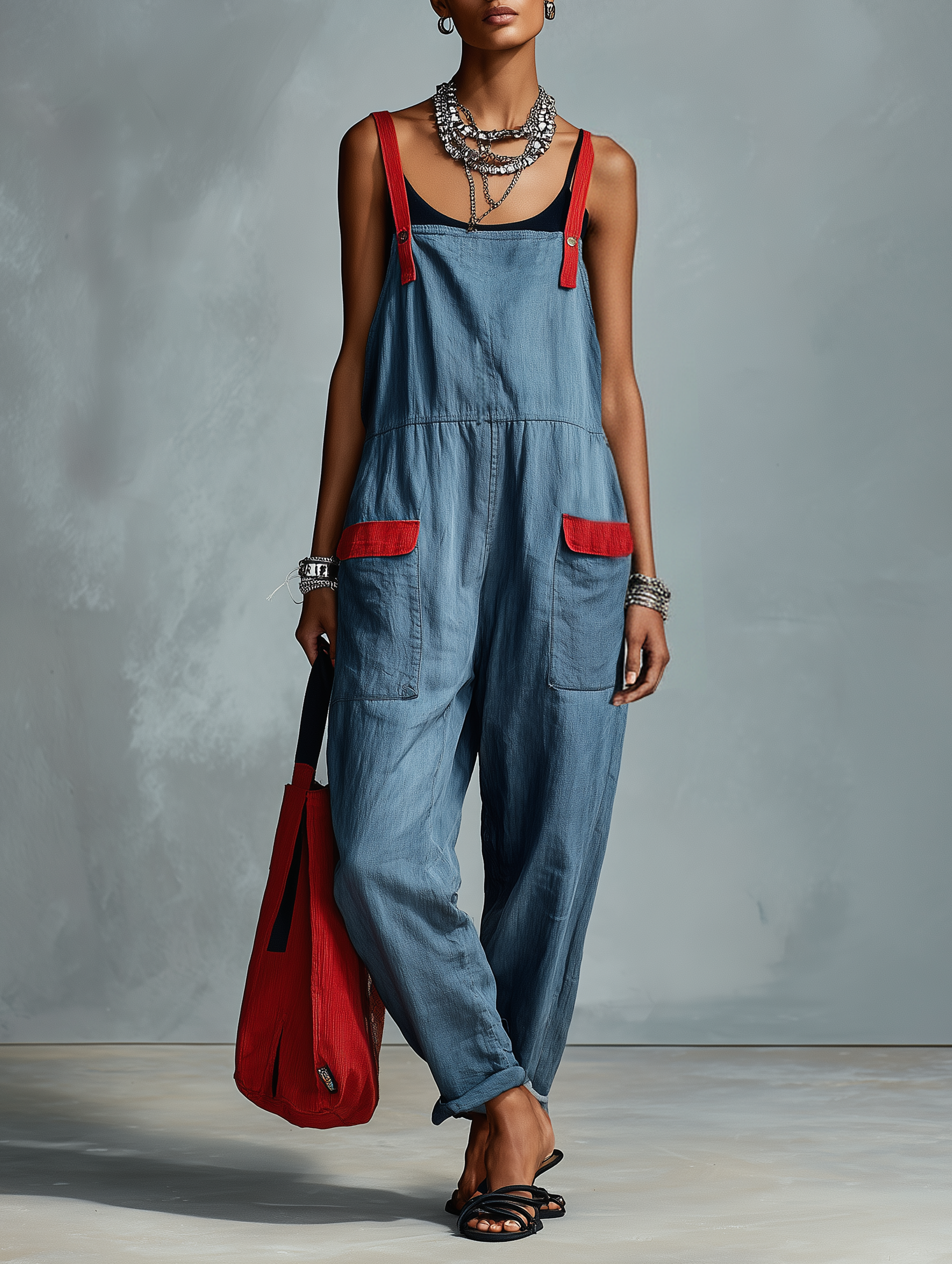 Women's Minimalist Color-Block Linen-Blend Overalls MDZ0584F6WY