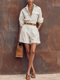 Women's White Cotton And Linen Single-Breasted Button-Down Long-Sleeved Short Jumpsuit With A Lapel Collar（Belt Not Included） MDZ1373E8GMJ