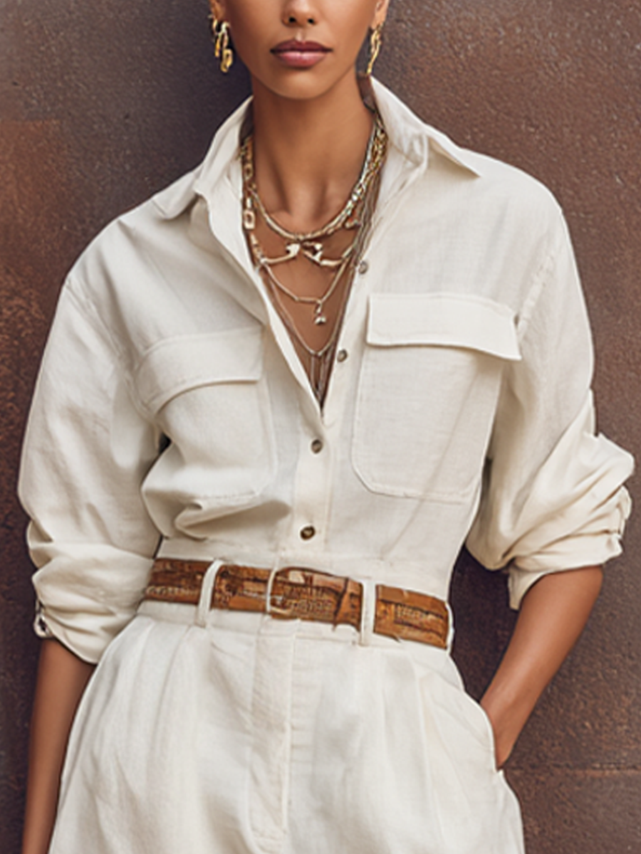 Women's White Cotton And Linen Single-Breasted Button-Down Long-Sleeved Short Jumpsuit With A Lapel Collar（Belt Not Included） MDZ1373E8GMJ