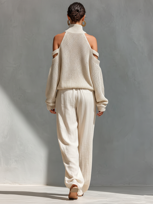 Women's Beige Knit Fabric Cold-Shoulder Turtleneck Top & Wide-Leg Pants Set MDZ0984A5T