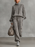 Women's Casual Cable Knit Turtleneck Sweater Cargo Pants Set MDA0958I2Y
