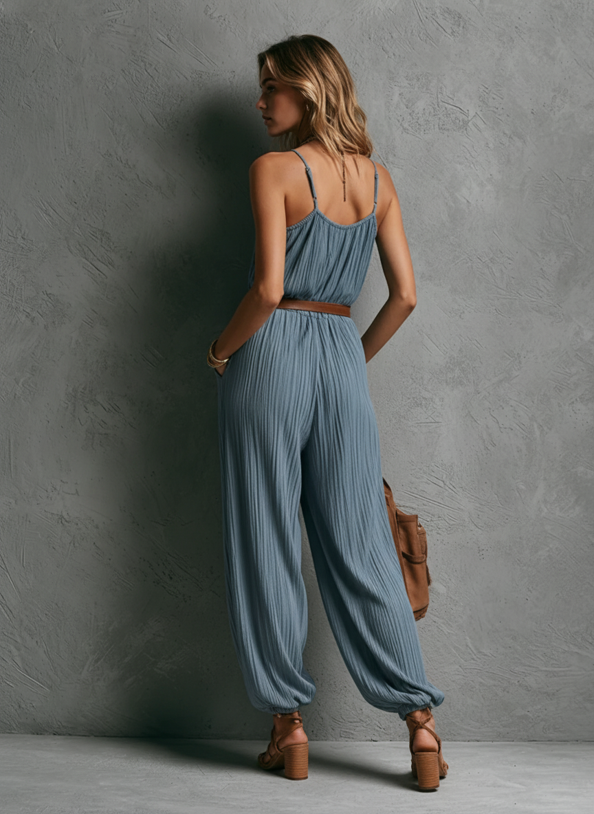Women's Bohemian Vacation Style Dusty Blue Cotton Blend Crinkled Ruched Spaghetti Strap Cuffed Ankle Full Length Jumpsuit (Belt Not Included) MDZ0271F1GMJ